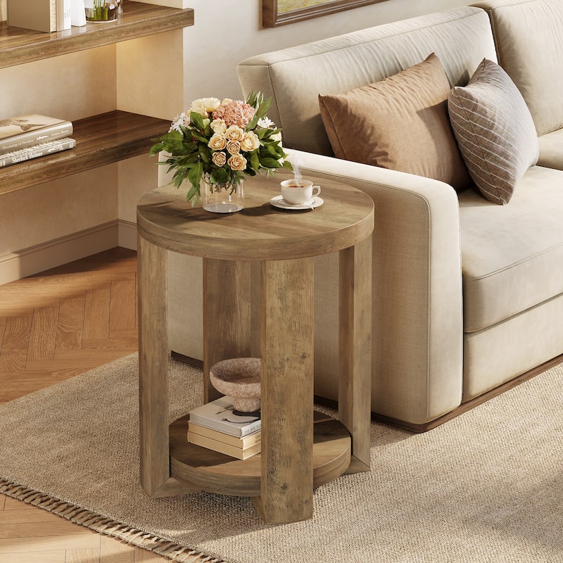 Round End Side Table, Small Bedside Accent Furniture for Living Room - Brown