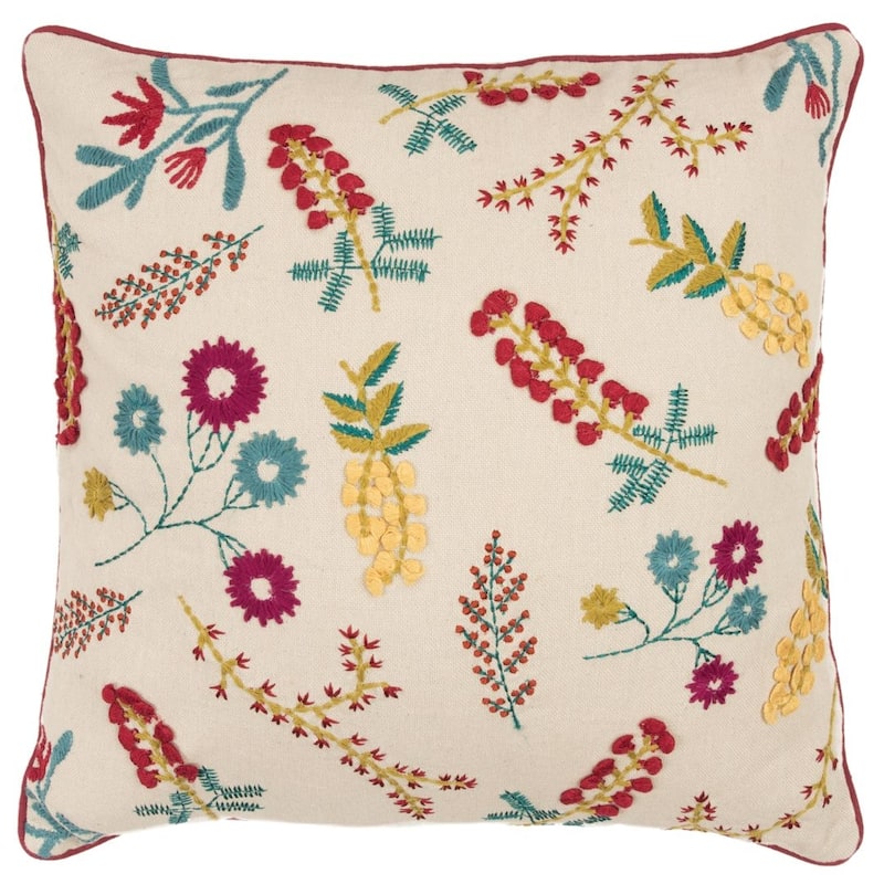 Yellow Floral Embroidered Decorative Pillow