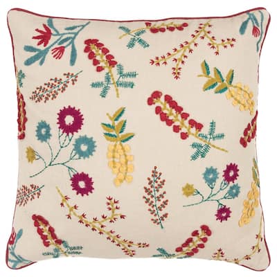 Yellow Floral Embroidered Decorative Pillow
