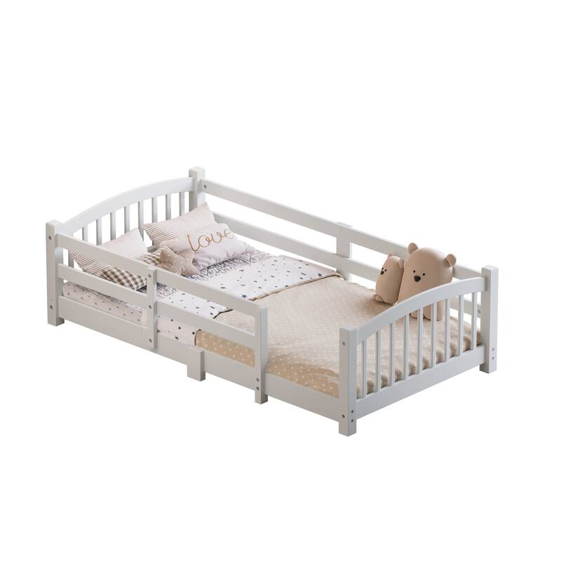 Roomfitters Montessori Floor Bed with Guardrails, Solid Wood Low Platform Bed with Slats, Easy Assembly