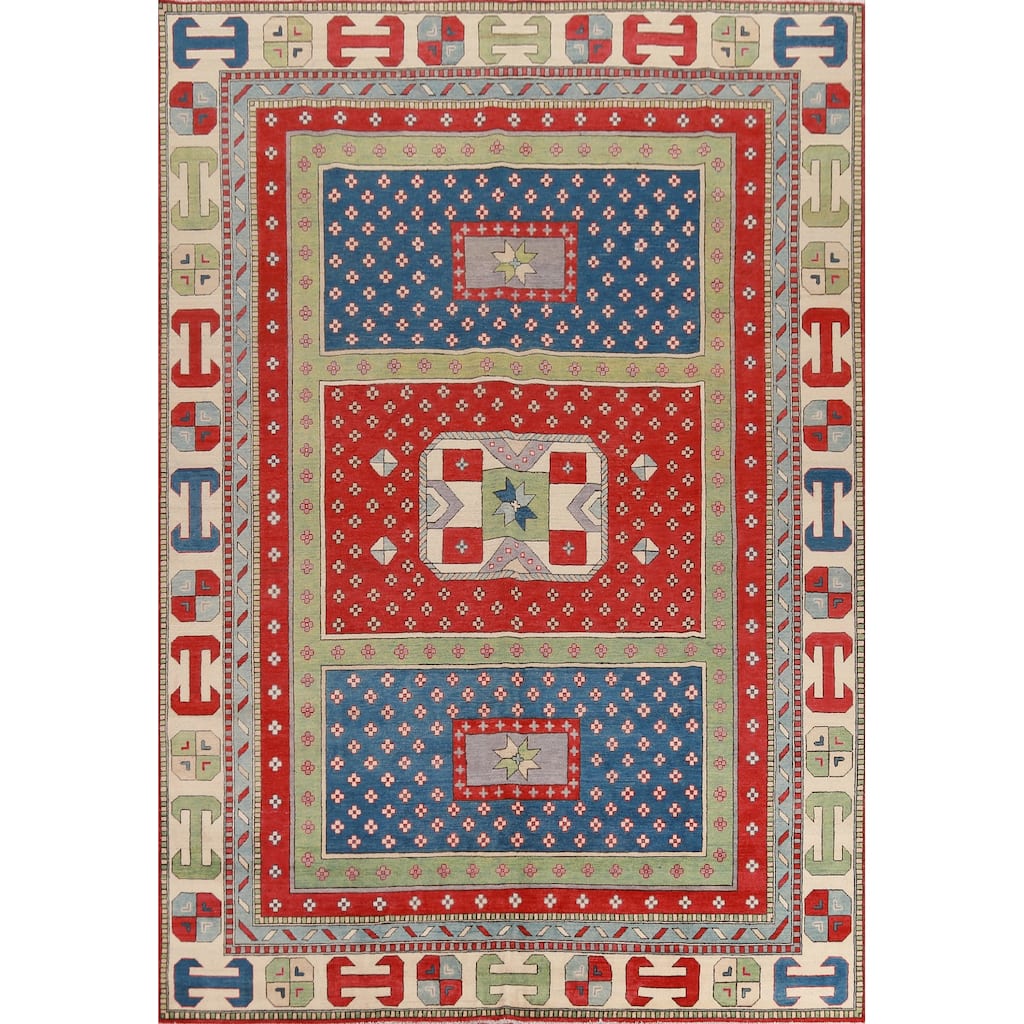 Hand Knotted Oriental 100% Wool Carpet Traditional Geometric Multi-Colored Kazak Area Rug - 11' 5'' X 8' 6''