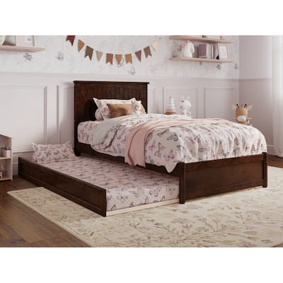 Twin Platform Bed with Trundle, Walnut Wood Bed Frame & Panel Footboard - Space Saving Design