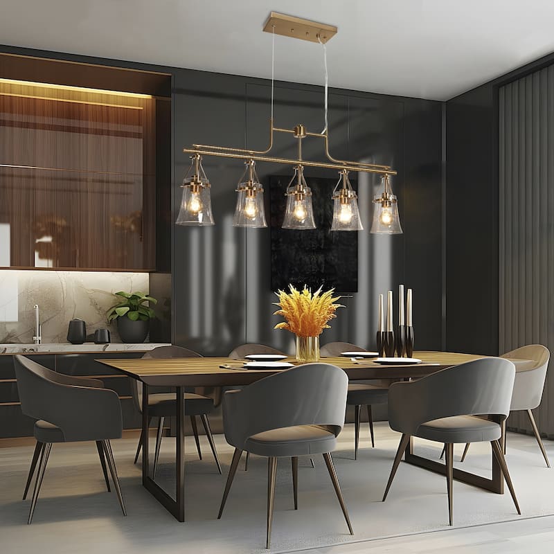 Haye Modern Gold Brass 5-Light Chandelier Seeded Glass Kitchen Island Lights for Dining Room - L37.8" x W 5.3" x H16.5"