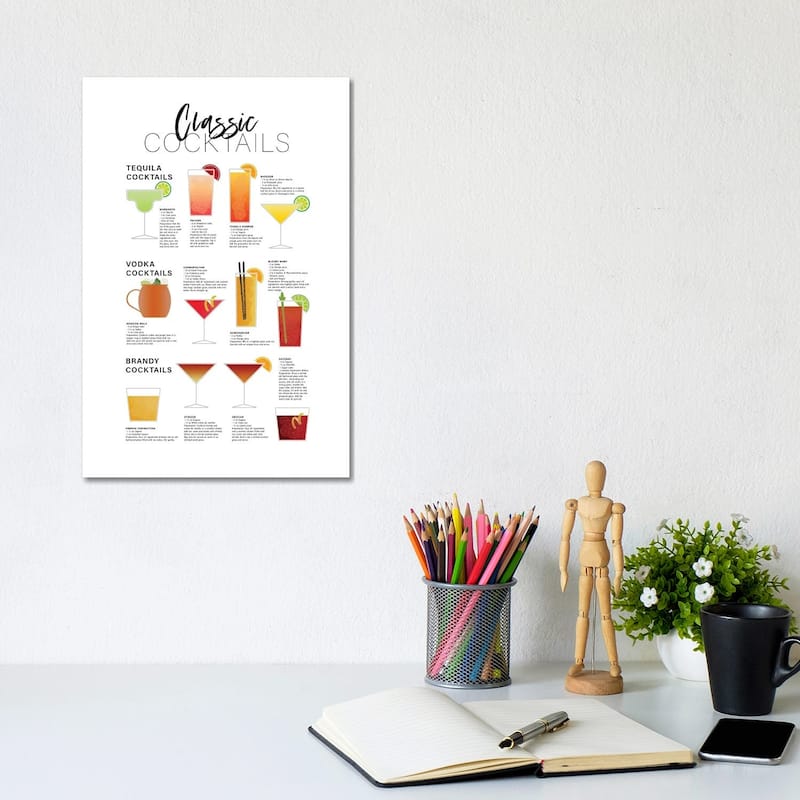iCanvas "Classic Cocktails - Tequila Brandy Vodka" by Alchera Design Posters Canvas Print - 12x8x0.75