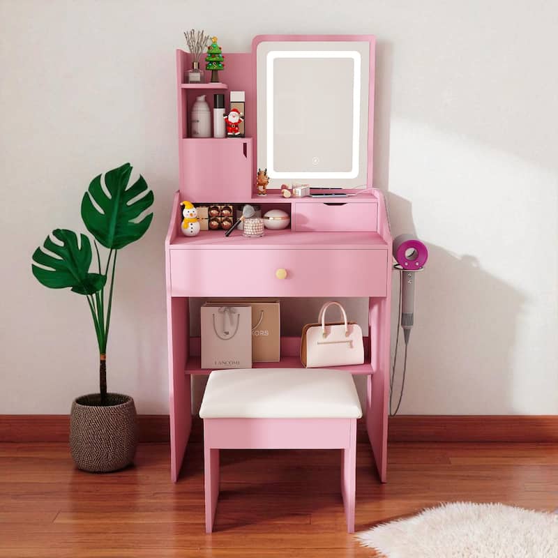 Vanity Desk with 3-Color LED Mirror, Charging Station, Storage Stool, 2 Drawers and 5 Cabinets for Bedroom - Pink