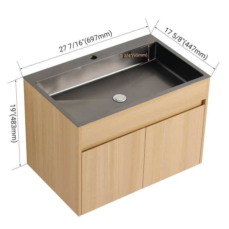 Bathroom Vanity With Stainless Steel Sink In 28 Inch, Floating/Freestanding Bathroom Vanity With 2 Soft Close Doors