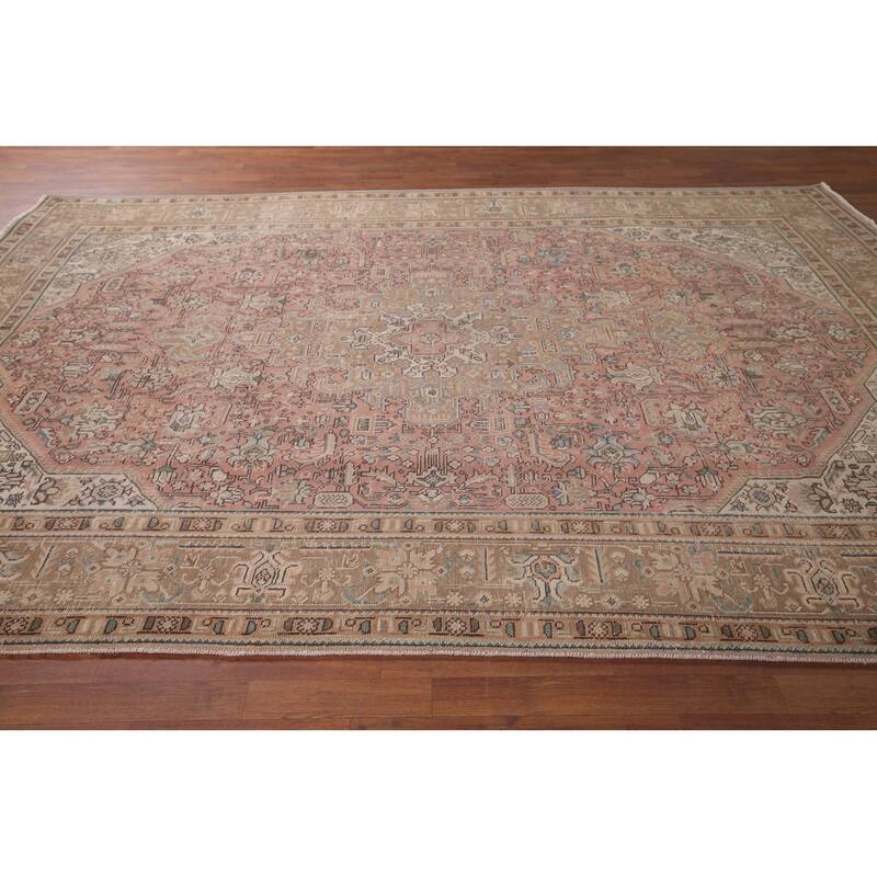 Pink Geometric Mashad Persian Vintage Area Rug Handmade Wool Carpet - 8'1"x 11'1"