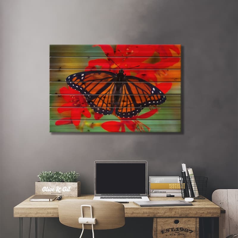Open-Winged Viceroy In Zoom Among Crocosmias (Lucifers) Print On Wood by Darrell Gulin - Multi-Color