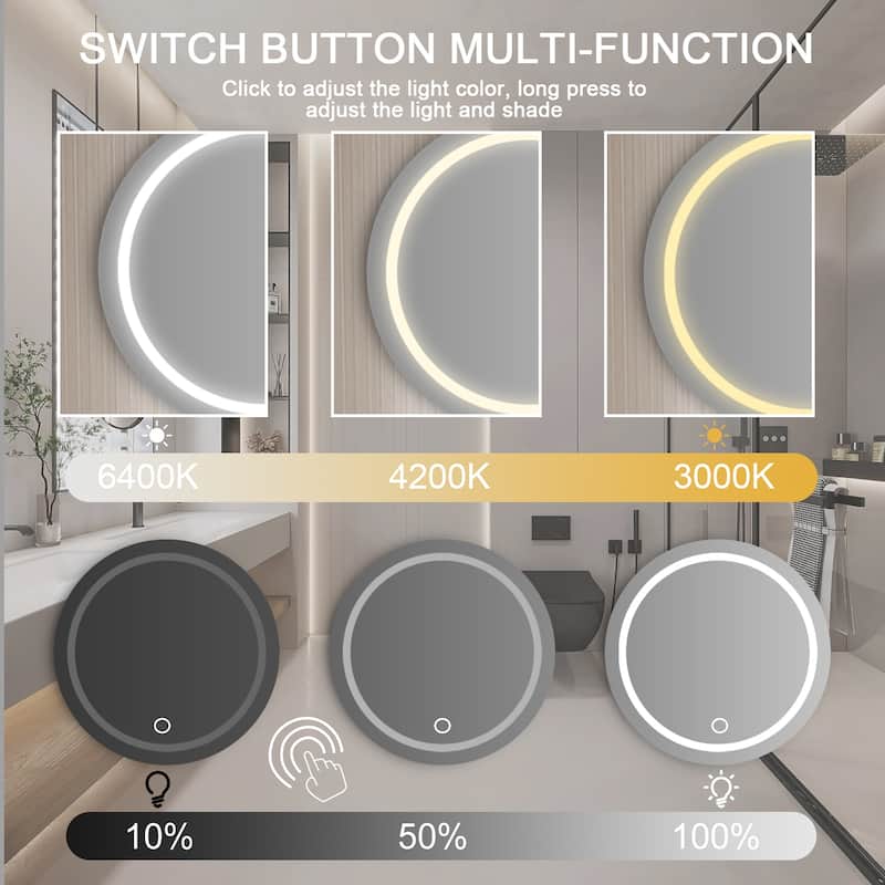 24 Inch Wall Mounted LED Round Makeup Mirror Bathroom, Bedroom - White/Silver