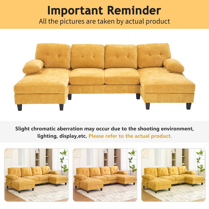 U-shaped 103.5" Chenille Fabric Sofa with Dual Chaise, Storage & Pillows, Yellow