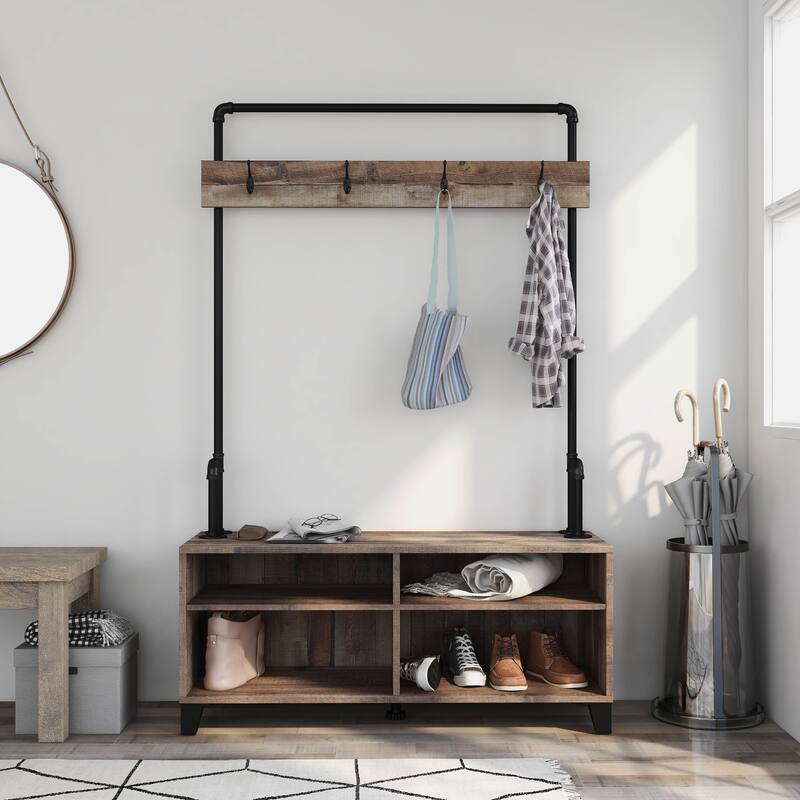 DH BASIC Industrial Barnwood Iron Entryway Bench with Coat Rack by Denhour