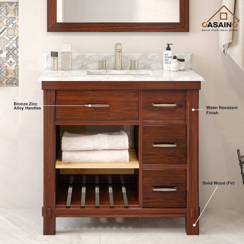 CASAINC 36"48"60" Freestanding Bathroom Vanity in Traditional Brown with Sink and Carrara Marble Top