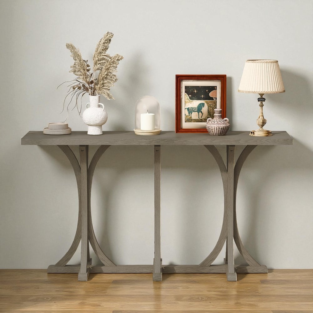 59.8'' Farmhouse Wooden Console Table with Oak Veneer Top, Curved Rubber Wood Legs, Entryway Sofa Table for Living Room