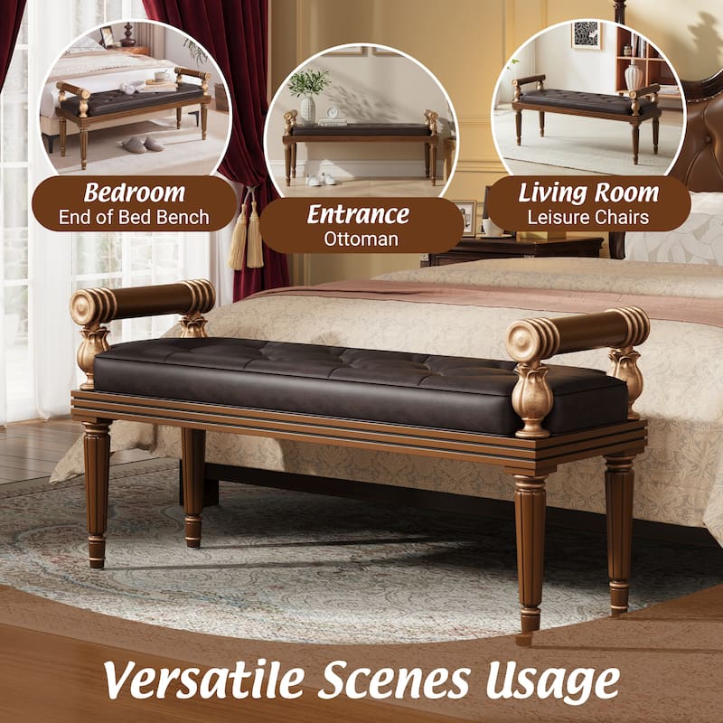 Christopher Knight Home - Mid-Century PU Leather Upholstered Bench with Button-Tufted Seat & Solid Wood Frame - 50"W