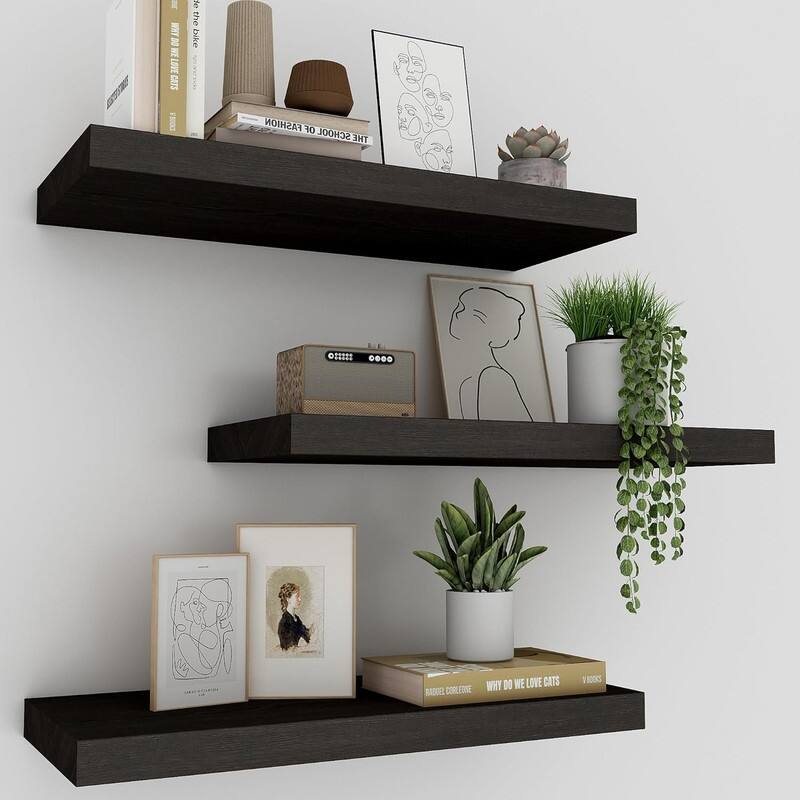 Floating Shelves for Wall Set of 3, 16" Rustic Wood Wall Shelves - 6.7"D x 16"W x 1"H - Black