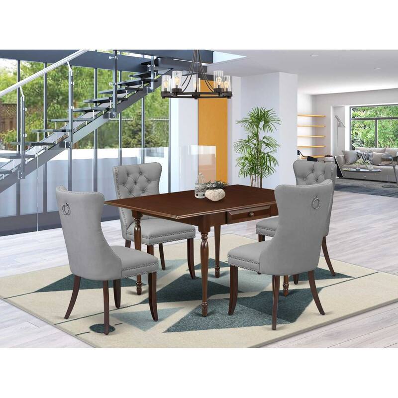 5-Piece Mahogany Finish Solid Wood Top - Rectangular Upholstered Dining Room Set - Seats 4