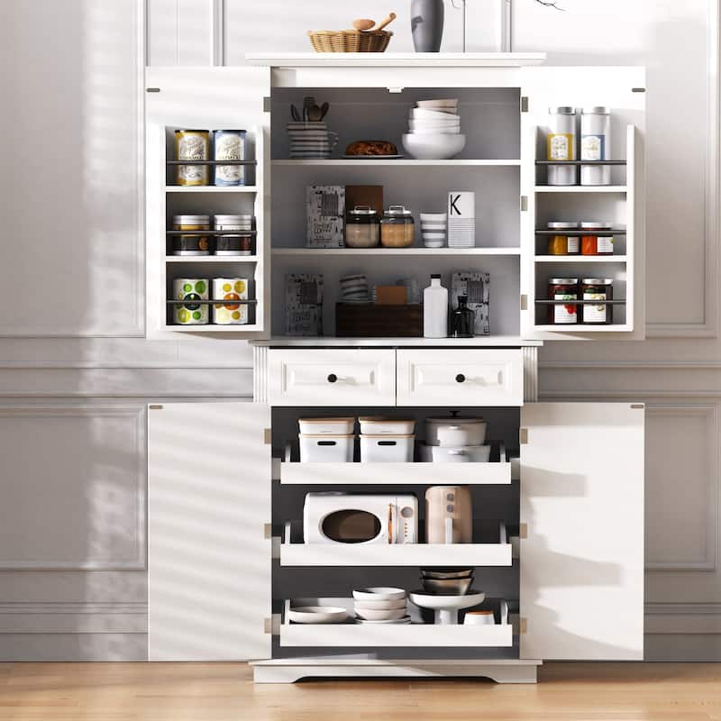 71"Tall Kitchen Pantry Cabinet with 3 Pull Out Cabinet Organizers,Cabinet with 6 Door Shelves,2 Drawers,Freestanding Cupboard