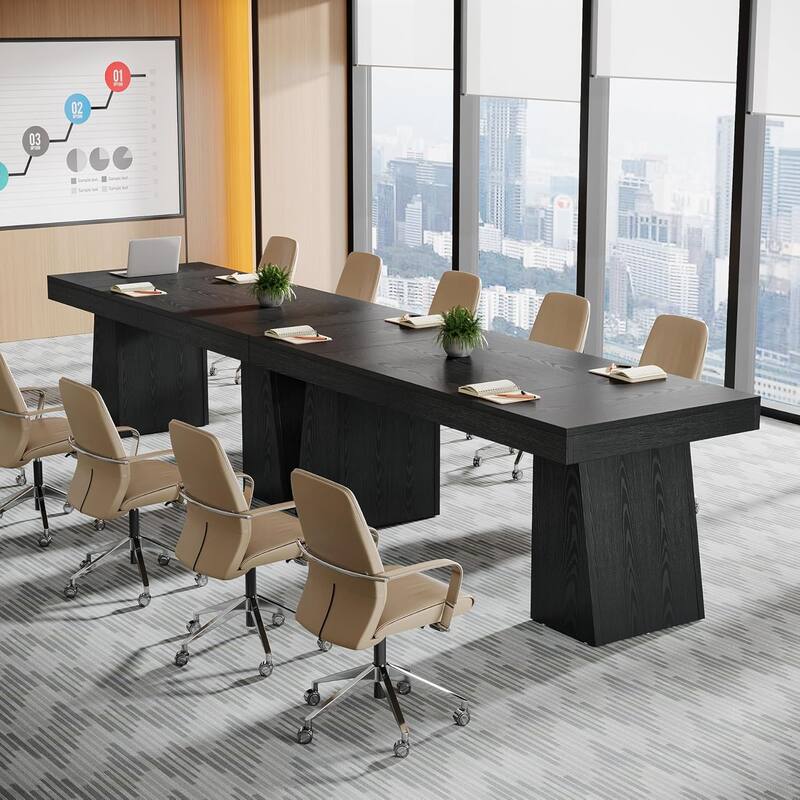 Conference Table, Modern Meeting Table with Thick Tabletop and Trapezoidal Legs