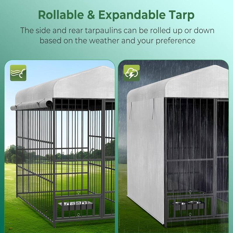 Large Outdoor Dog Kennel with Bowls and 360° Rotating Feeding Door, 6.6×3.9×5.9FT