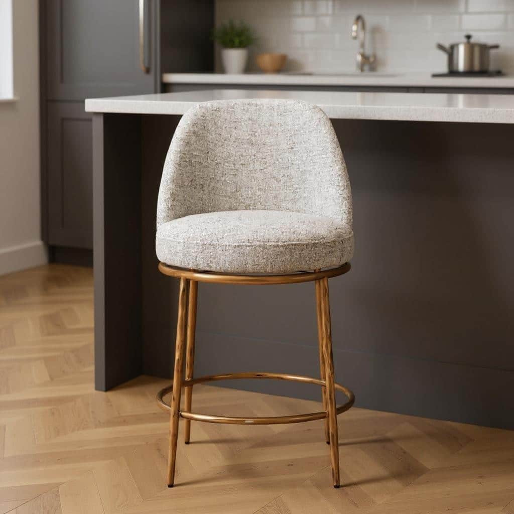 HomeRoots 24" Beige and Gold Fabric and Steel Counter Height Swivel Bar Chair