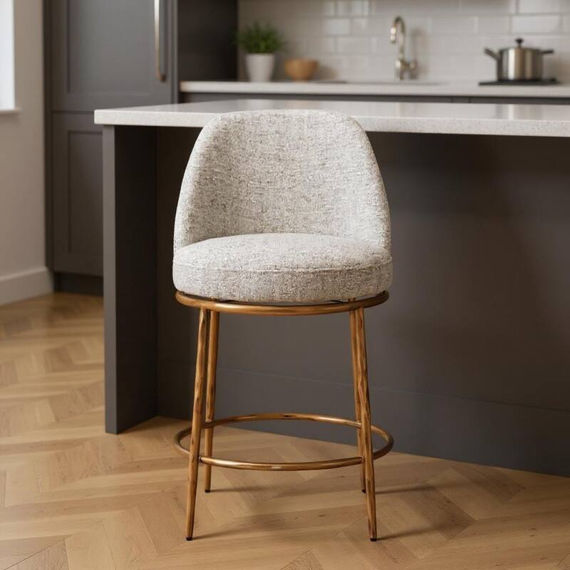 HomeRoots 24" Beige and Gold Fabric and Steel Counter Height Swivel Bar Chair - Counter Height - Beige - Single