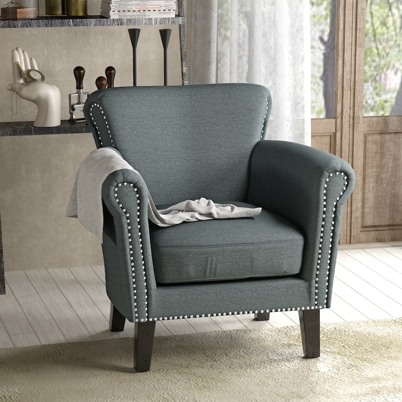 Roomfitters Upholstered Club Chair with Rolled Arms, Nailhead Trim and Cushioned Seat, Stylish Accent Armchair - Blue+Grey