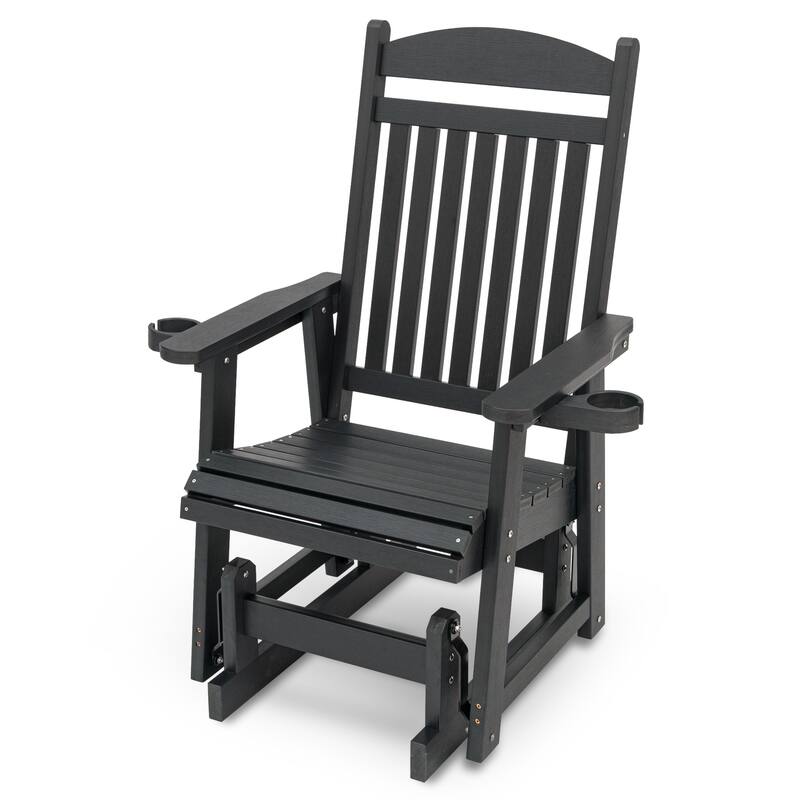 Poly Lumber Patio Glider for One Person with Cup Holders, HIPS Material, All-Weather Resistant - Black