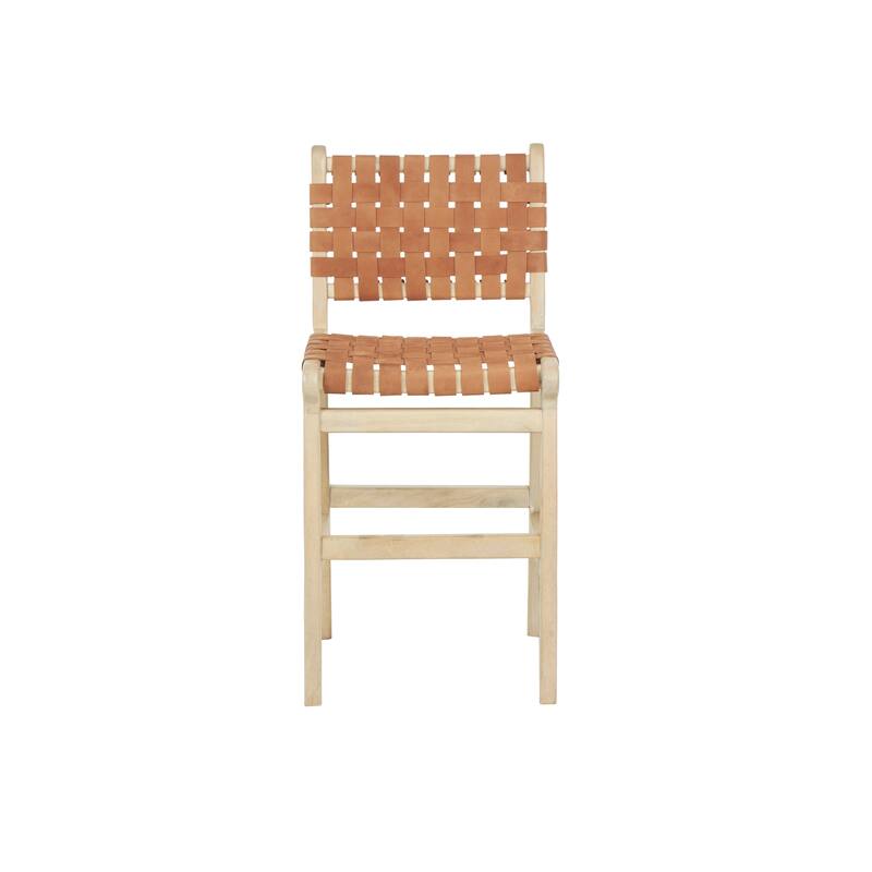 Brown Mango Wood Handmade Woven Bar Stool with Light Brown Wood Frame with Backrest and Footrest