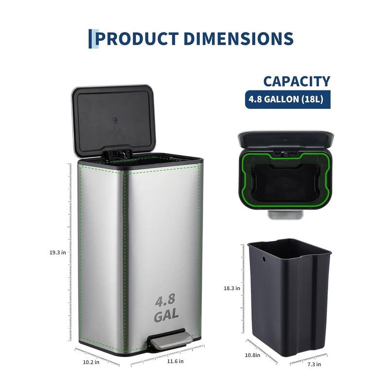 3.4-Gallon Rectangular Step Trash Can Stainless Steel with Soft-Close Lid and Removable Bucket Silver