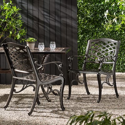 Bronze Aluminum Arm Chair Set of 2 Outdoor Dining Chairs with Scroll Design 35H