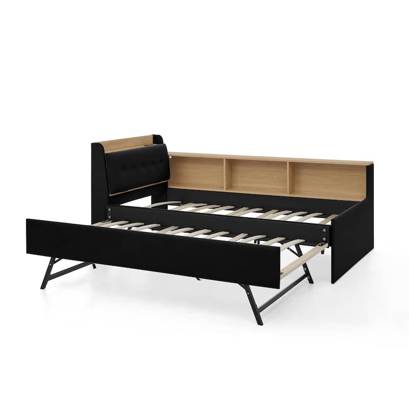 Twin Size Height Adjustable Day Bed with Headboard and Wireless Charging, Multi-functional Daybed with Trundle Bed & LED Lights