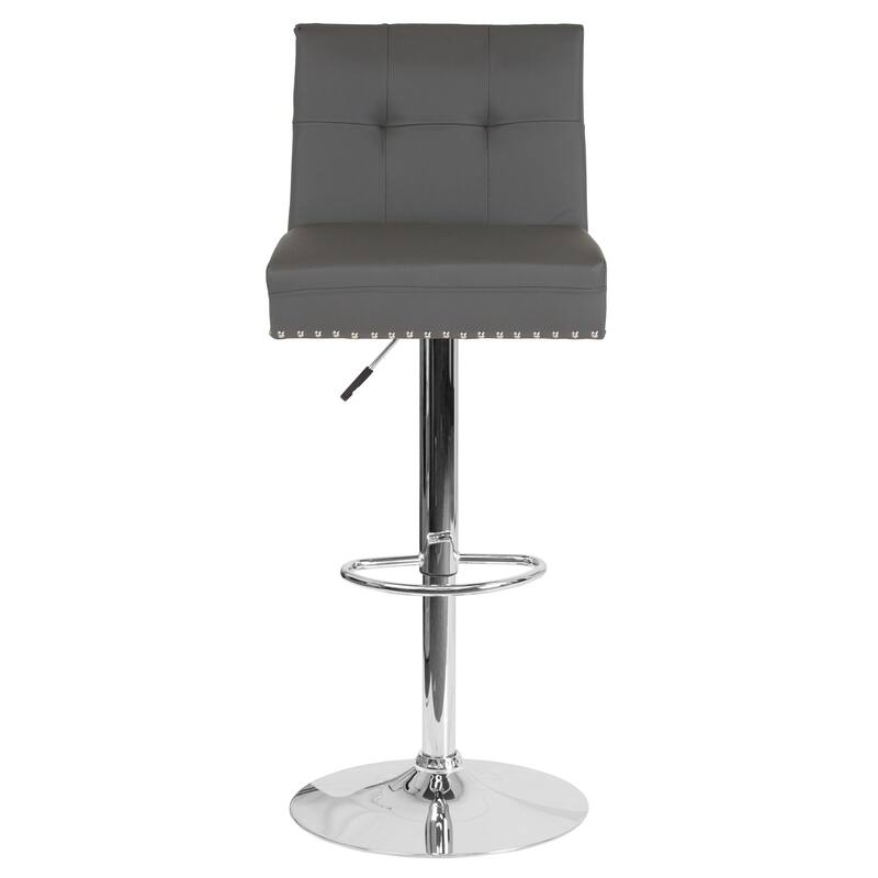 Adjustable Height Tufted Back Barstool w/Accent Nail Trim in Gray LeatherSoft - 17.5"W x 20"D x 38" - 46.5"H