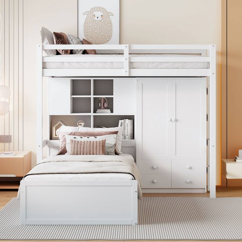 Roomfitters Twin Bunk Bed with Hydraulic Lift, Wardrobe, Storage Shelves and Drawers,