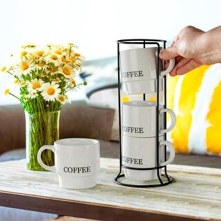 Signature Housewares Stackable Stoneware Coffee Mug Set with Metal