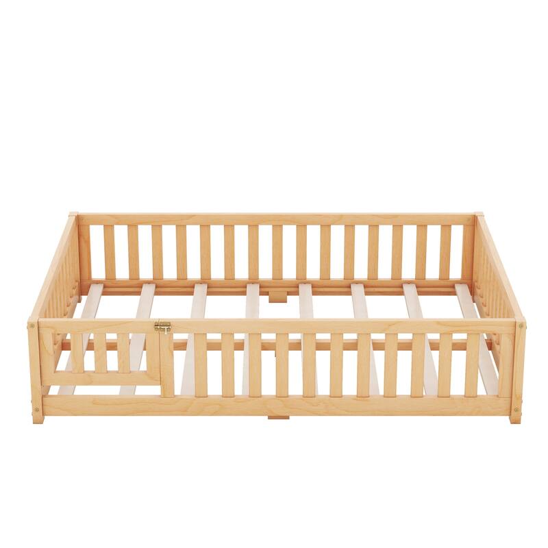 Twin/Full/Queen Size Floor Bed with Safety Guardrails for Kids, Wood Montessori Bedframe w/ Door, Children's Noiseless Beds