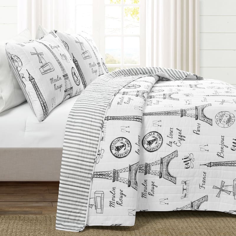 Lush Decor Paris Bonjour Reversible 3 Piece Cotton Quilt Set