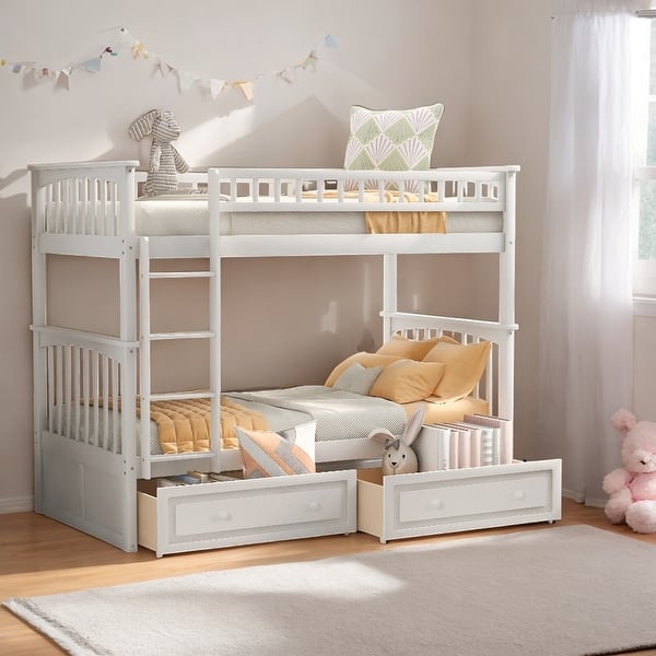slide 2 of 6, Twin over Twin Bunk Kids Bed with Guardrail & Drawers, Convertible Beds, White White