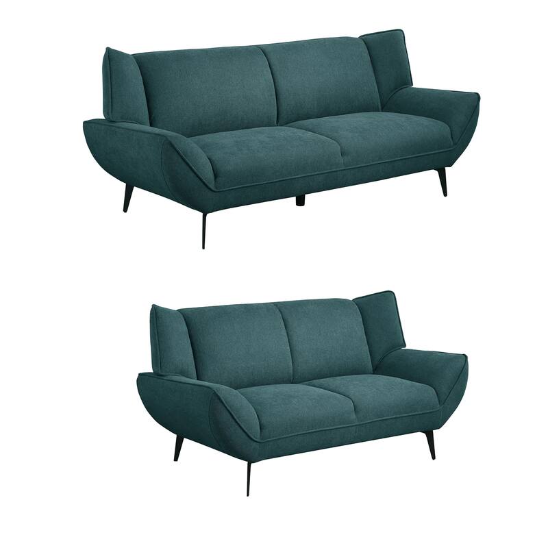 Toer 2 Piece Sofa, Loveseat Set, Flared Arms, Teal Blue Fabric, Black Legs