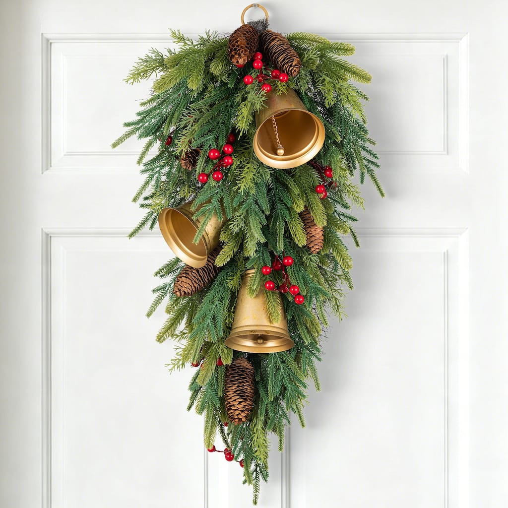 Glitzhome 30"H Christmas Deluxe Gold Bell & Pinecone PE Dripping Teardrop