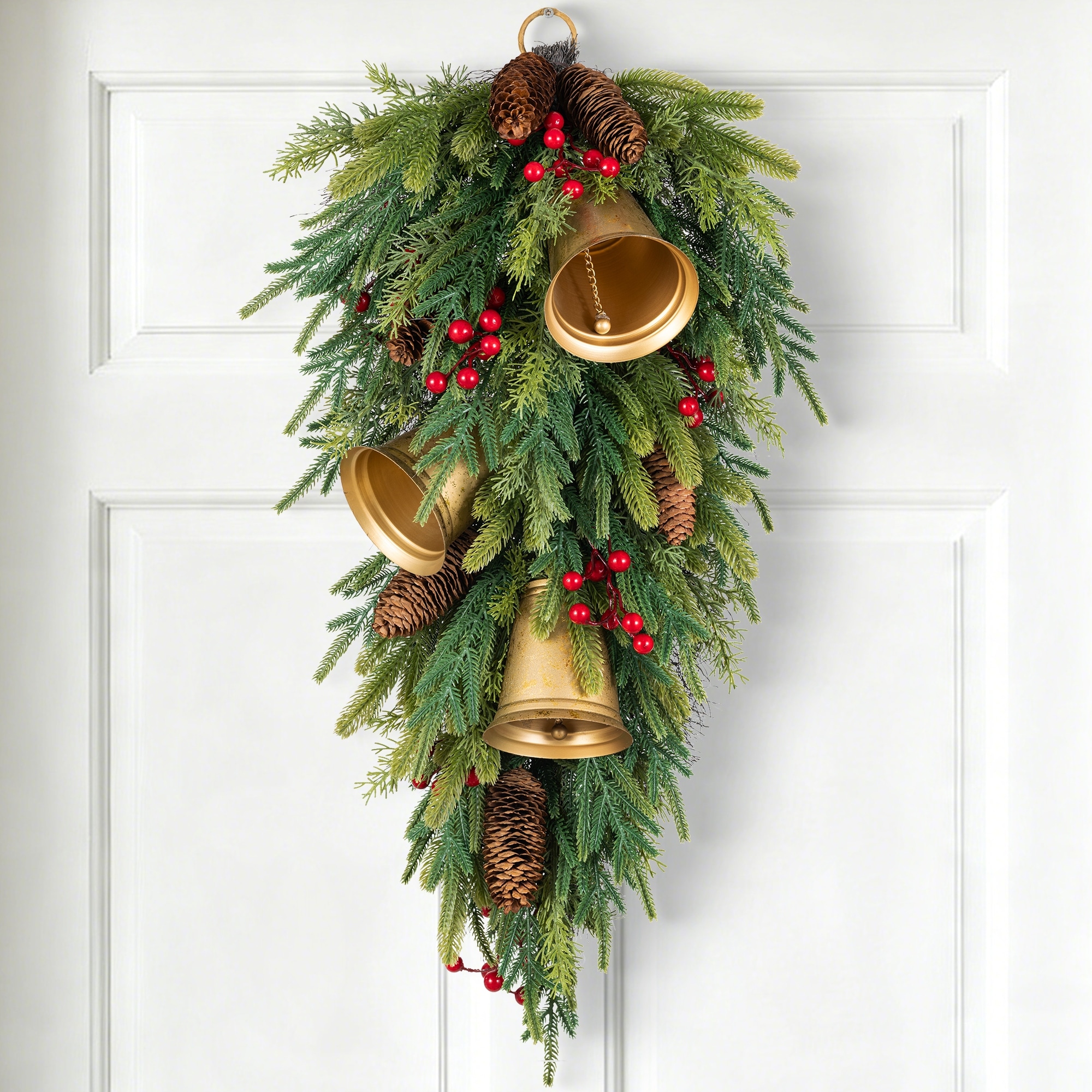 Glitzhome 30"H Christmas Deluxe Gold Bell & Pinecone PE Dripping Teardrop