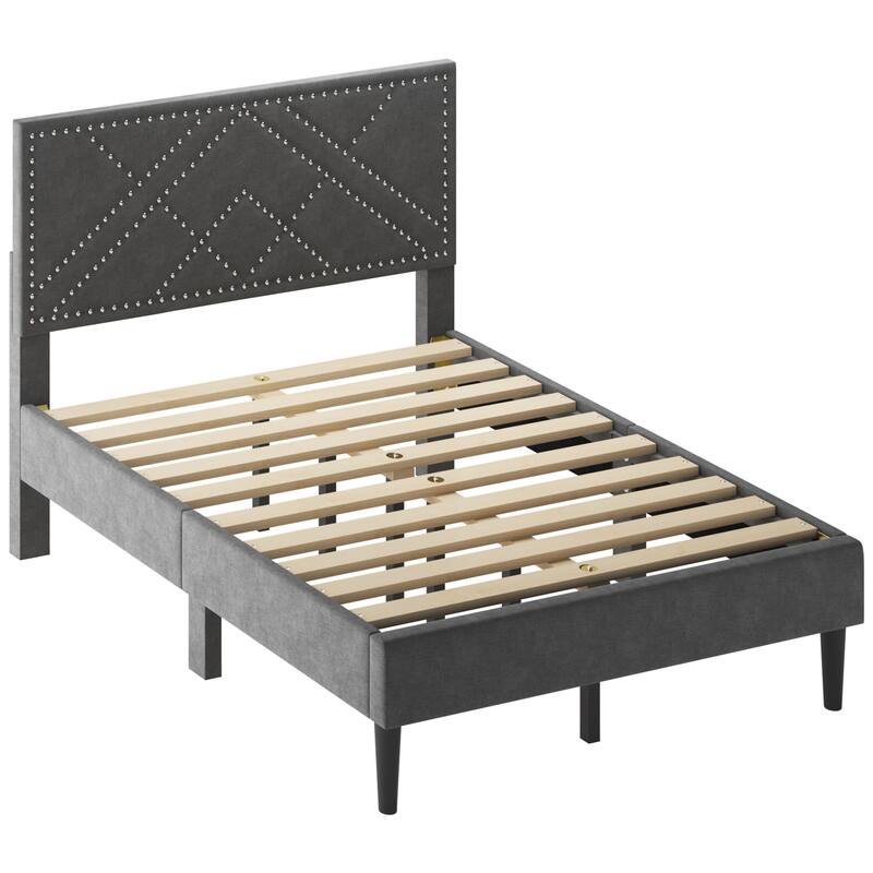 Gray Queen Size Platform Bed, Bed Frame with Linen Headboard, No Box Spring Needed, Whisper-Quiet, Under-Bed Storage