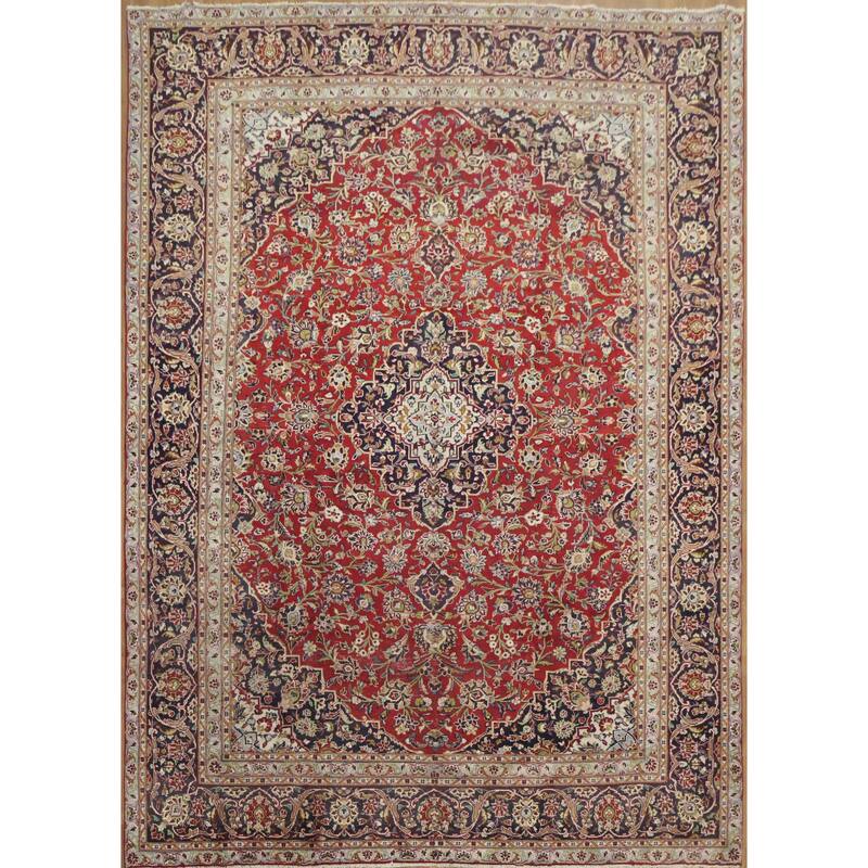 Hand Knotted Oriental 100% Wool Carpet Traditional Floral Red Kashan Area Rug - 12' 7'' X 9' 1''