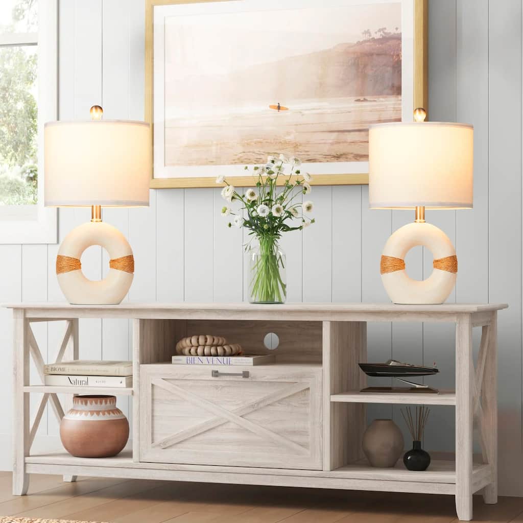 Coastal Style Table Lamp with White Fabric Shade, 2-Stage Knob Switch, Includes LED Bulb(Set of 2) - 9.5''X9.5''X18''