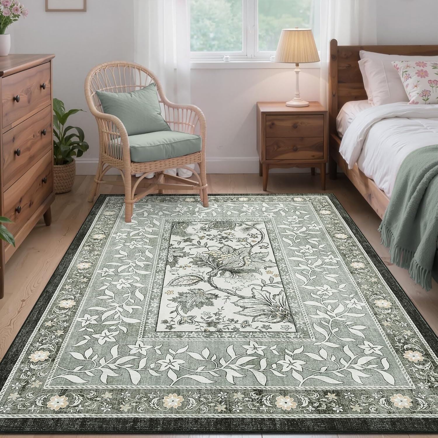 4x6 Washable Vintage Floral Rug, Soft, Non-Slip & Stain-Resistant for Bedroom, Living Room, Dining Room, Office, Grey