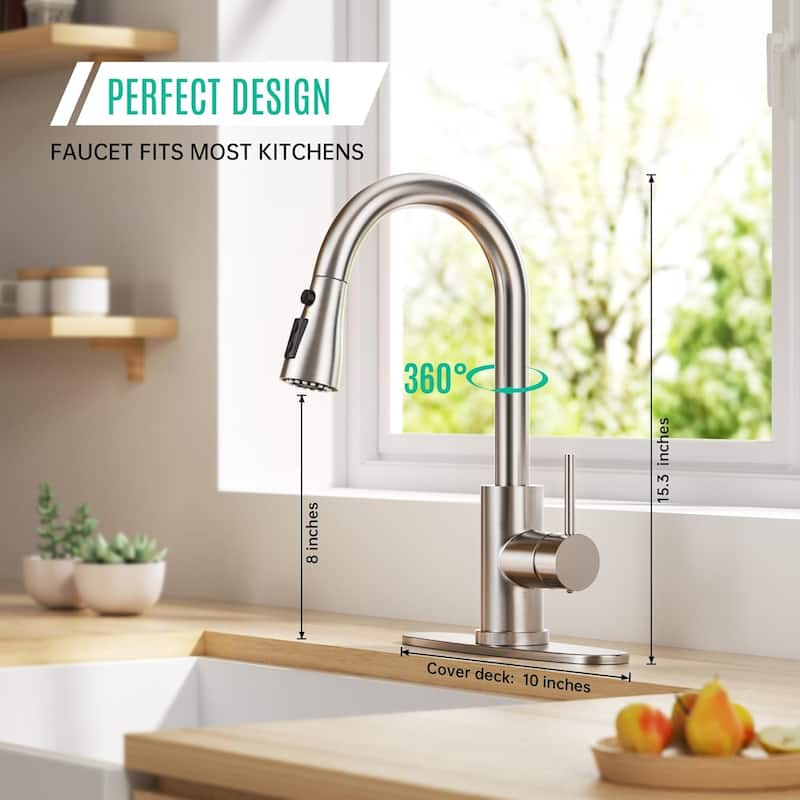 Single Handle High Arc Brushed Nickel Pull Out Kitchen Faucet with Pull Down Sprayer and 10 Inch Deck - Brushed Nickel