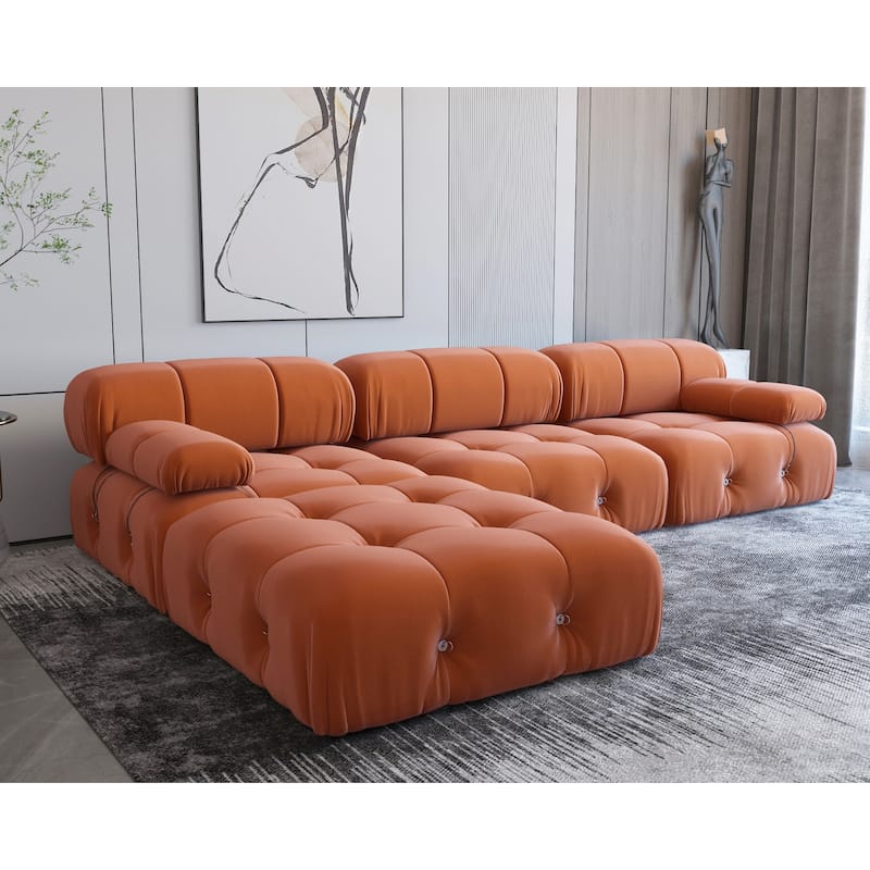 Modern Orange Velvet Upholstered Large Modular Sectional Sofa