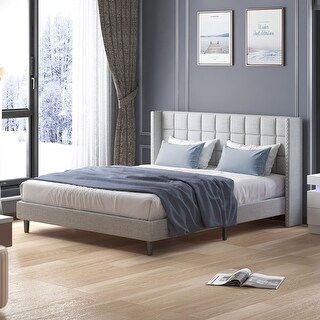 King Platform Bed Frame with Wingback Headboard, Modern Upholstered Bed ...