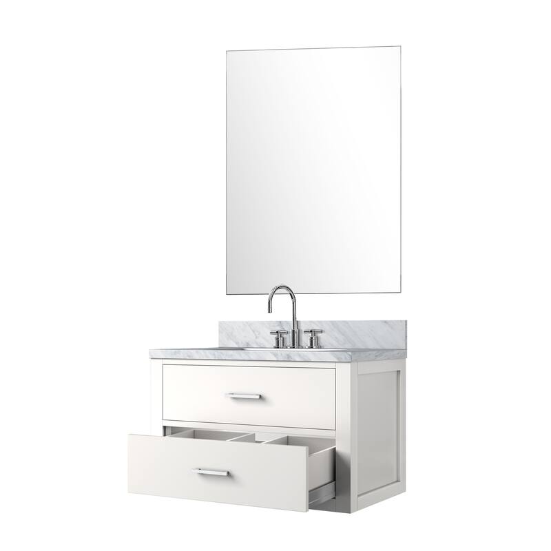 Bathroom Vanity Set with Carrara Marble Countertop, 28" Mirror, Chrome Gooseneck Faucet, Fully Assembled