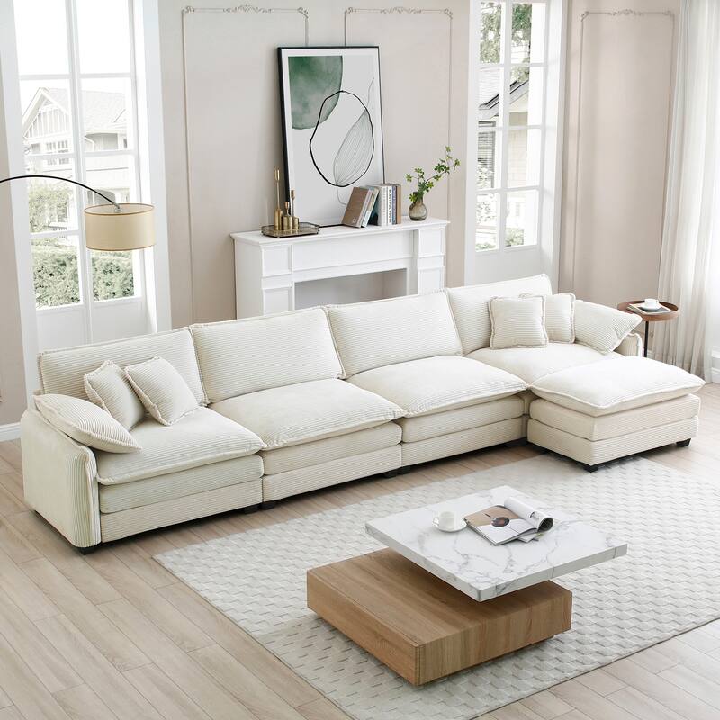 5-piece Oversized Corduroy Upholstered L-Shaped Modular Sectional Sofa with Removable Ottoman and Free Combination - Beige