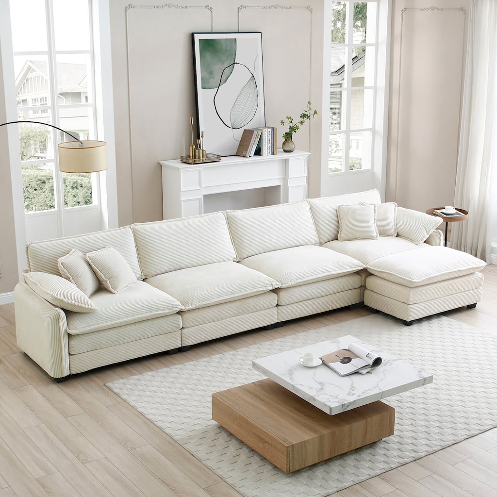 Beige 5-piece Oversized Corduroy Upholstered L-Shaped Modular Sectional Sofa with Removable Ottoman and Free Combination